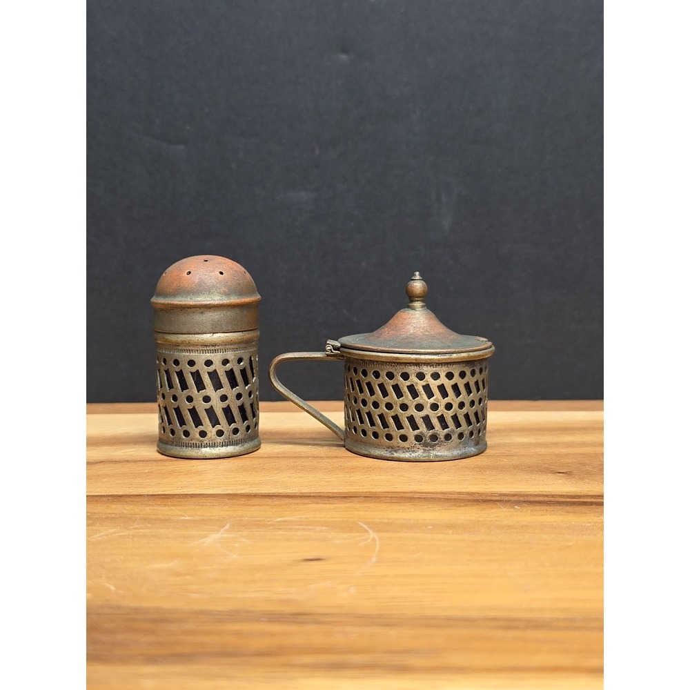 Antique E.P.N.S. Copper Plated Cobalt Blue Set - Mustard Pot  S Or P Shaker